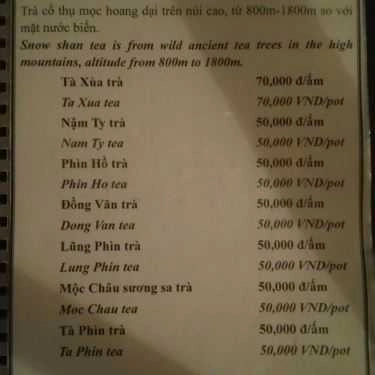 Thực đơn- Cafe Hiên Trà Trường Xuân