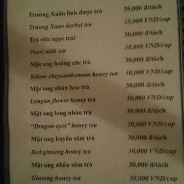 Thực đơn- Cafe Hiên Trà Trường Xuân