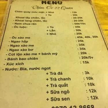Thực đơn- Ăn vặt Chim Ốc 22 - Đặng Văn Ngữ