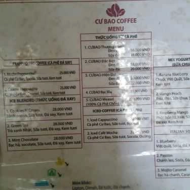 Thực đơn- Cư Bao Coffee - Lý Nam Đế
