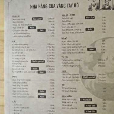 Thực đơn- Nhà Hàng Cua Vàng Tây Hồ Restaurant