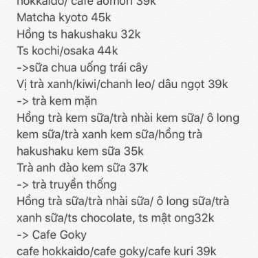 Thực đơn- Goky - Tea, Coffee & Juice - Sông Nhuệ