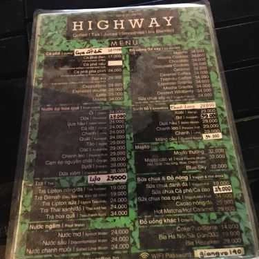 Thực đơn- Highway Coffee - Giảng Võ