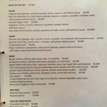 Thực đơn- Jalus Vegan Kitchen And Café