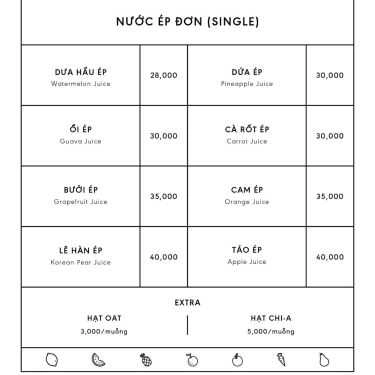 Thực đơn- Cafe Juice Project - Nước Ép Trái Cây