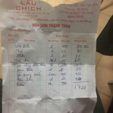 Thực đơn- Quán Nhậu Lẩu Chịch - Quang Trung