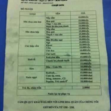 Thực đơn- Linh Hoa Quán - Chè, Ốc & Các Món Ăn Vặt