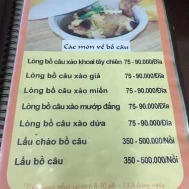 Thực đơn- Nhà Hàng Mai Oanh - Đặn Sản Cháo Bồ Câu, Lươn Nghệ An