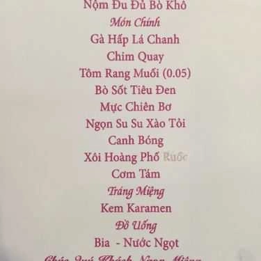 Thực đơn- Nhà Hàng Hoa Lư - Tiệc Cưới & Hội Nghị