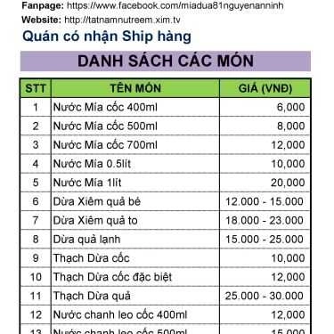 Thực đơn- Ăn vặt Nước Mía Khổng Lồ - Nguyễn An Ninh