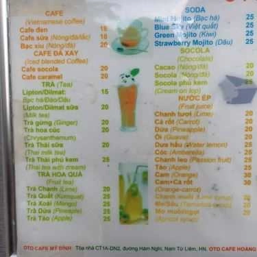 Thực đơn- OTO Cafe - Hàm Nghi