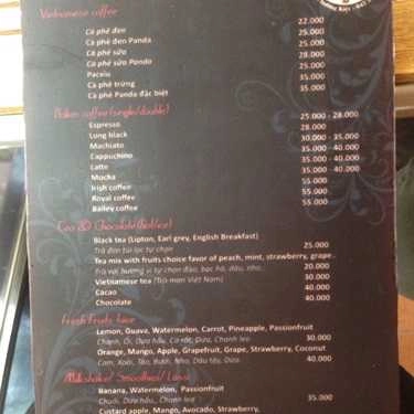 Thực đơn- Panda Cafe - Lý Thường Kiệt