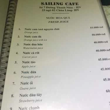 Thực đơn- Sailing Cafe - Thanh Niên