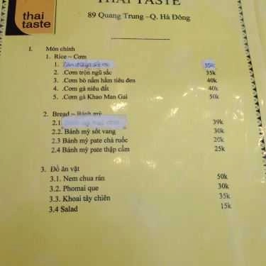 Thực đơn- Cafe Thai Taste - Đại Học Hà Nội