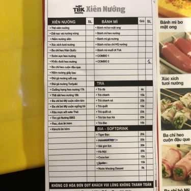 Thực đơn- Ăn vặt Tok - Xiên Nướng Đường Phố
