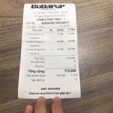 Thực đơn- Cafe Trà Sữa Bobapop - Tân Mai