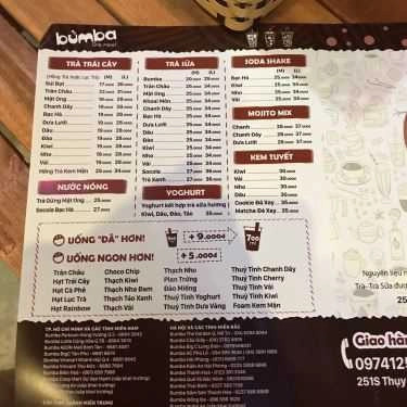 Thực đơn- Cafe Trà Sữa Bumba - Thụy Khuê
