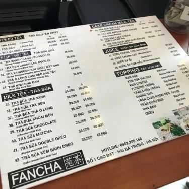 Thực đơn- Cafe Trà Sữa Fancha