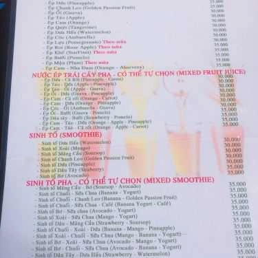 Thực đơn- Cafe Trang Juice - Sinh Tố & Nước Ép