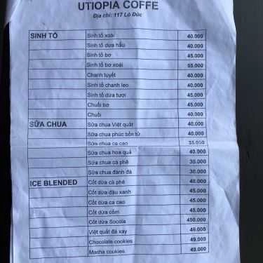Thực đơn- Utopia Cafe - Lò Đúc