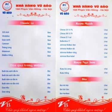 Thực đơn- Nhà Hàng Vũ Bảo