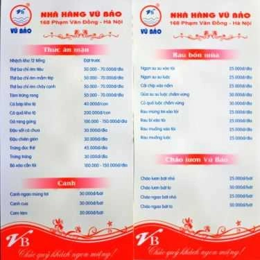 Thực đơn- Nhà Hàng Vũ Bảo