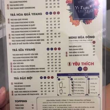 Thực đơn- Cafe YiFang - Taiwan Fruit Tea - Phạm Ngọc Thạch