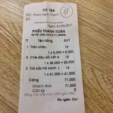 Thực đơn- Cafe Trà Sữa Yo Tea - Vincom Center Phạm Ngọc Thạch