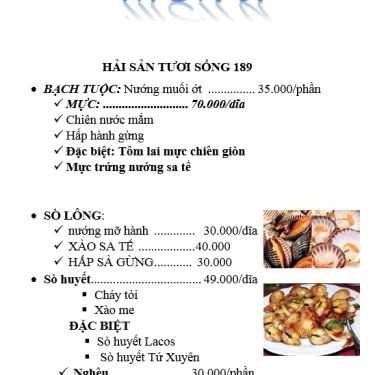 Thực đơn- Hải Sản 189