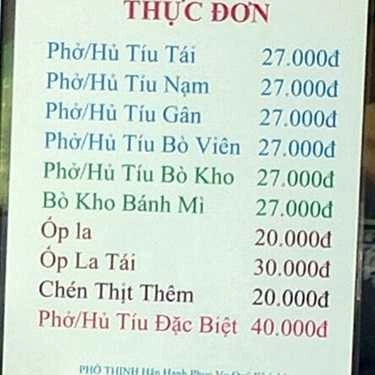 Thực đơn- Quán Ăn Phở Thịnh 116