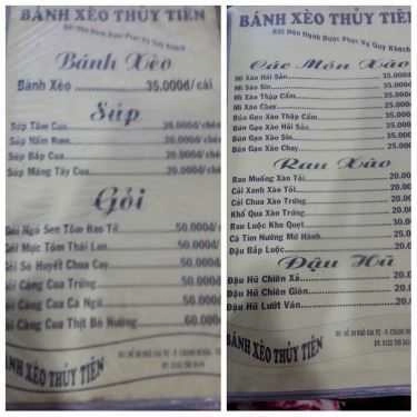 Thực đơn- Nhà Hàng Bánh Xèo Thuỷ Tiên