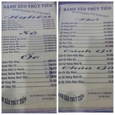 Thực đơn- Nhà Hàng Bánh Xèo Thuỷ Tiên