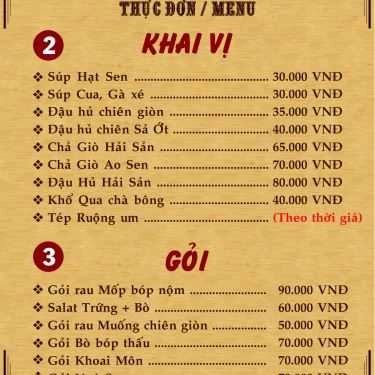 Thực đơn- Nhà Hàng Ao Sen Quán - Đặc Sản Đồng Quê