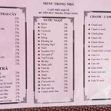 Thực đơn- Anh Vũ Cafe - Tôn Đức Thắng