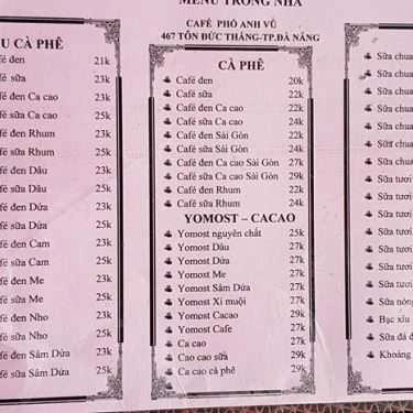 Thực đơn- Anh Vũ Cafe - Tôn Đức Thắng
