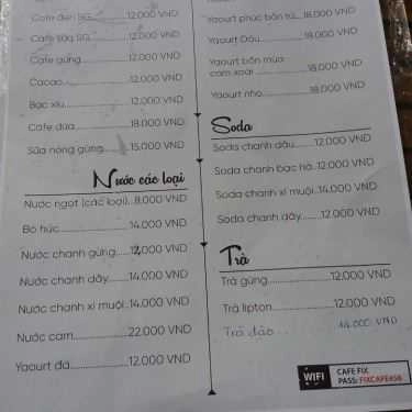 Thực đơn- Fix Cafe - Phan Thanh
