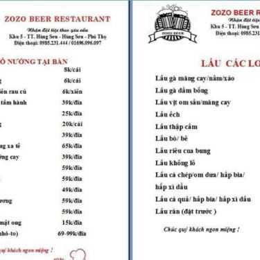 Thực đơn- Nhà Hàng Zozo Beer - Lẩu & Nướng