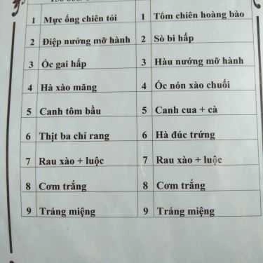 Thực đơn- Nhà Hàng Hải Âu - Hải Sản Tươi Sống