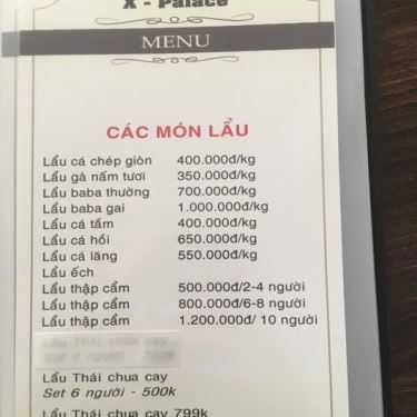 Thực đơn- Nhà Hàng X Palace - Lẩu & Nướng BBQ