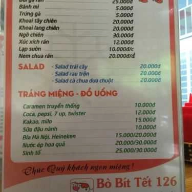 Thực đơn- Quán Ăn Bò Bít Tết 126 - Minh Cầu