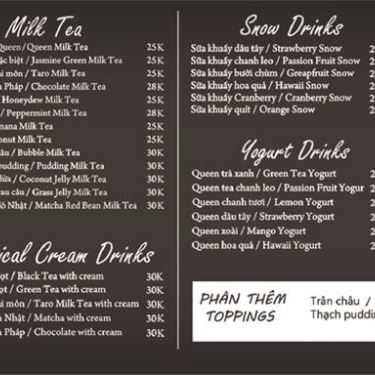 Thực đơn- Cafe Queen Tea - Quang Trung