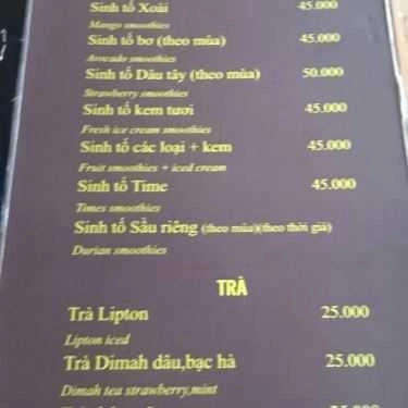 Thực đơn- Time Coffee - Khách Sạn Sao Mai