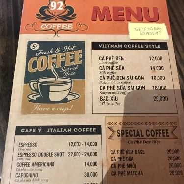 Thực đơn- 92 Cafe - Lê Huân