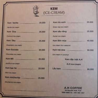 Thực đơn- A.H Coffee