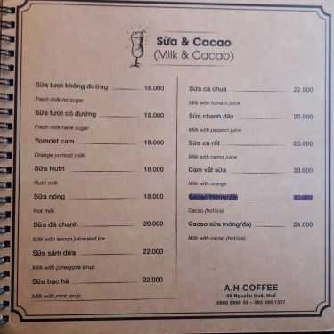 Thực đơn- A.H Coffee