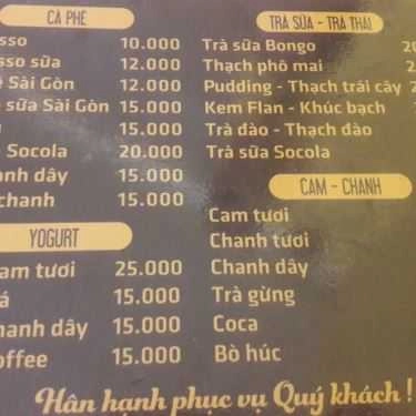 Thực đơn- Bongo Coffee & Milk Tea - Triệu Quang Phục