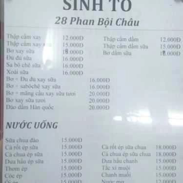 Thực đơn- Cafe Sinh Tố - Phan Bội Châu