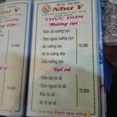 Thực đơn- Quán Ăn Như Ý - Bò Tơ & Hải Sản