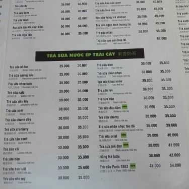 Thực đơn- Cafe Trà Tiên Hưởng - Ngô Quyền