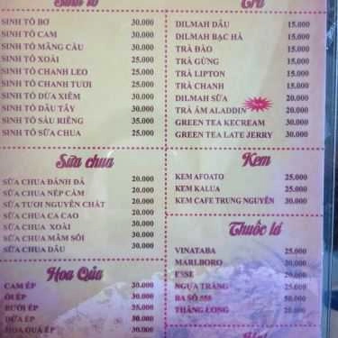 Thực đơn- Aladin Cafe - Lý Thái Tổ